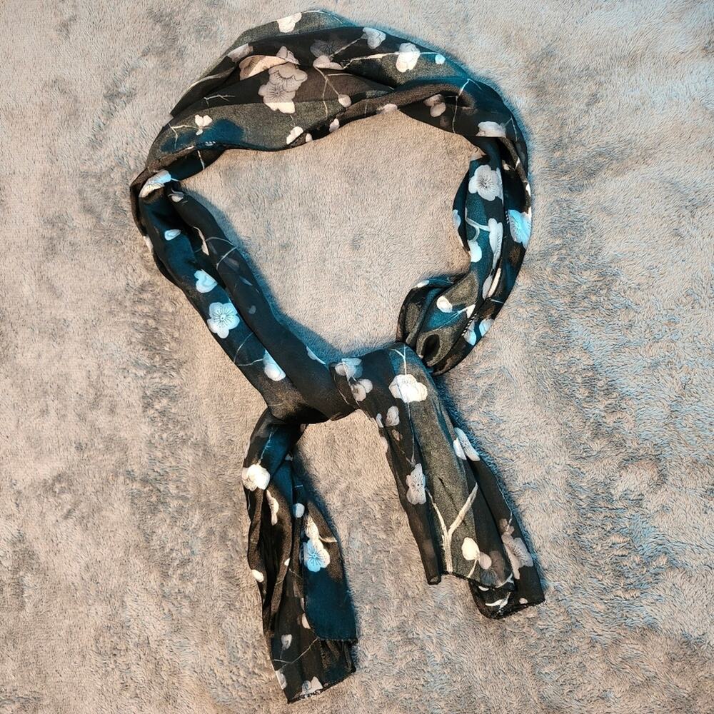 Black Floral Satin And Sheer Scarf